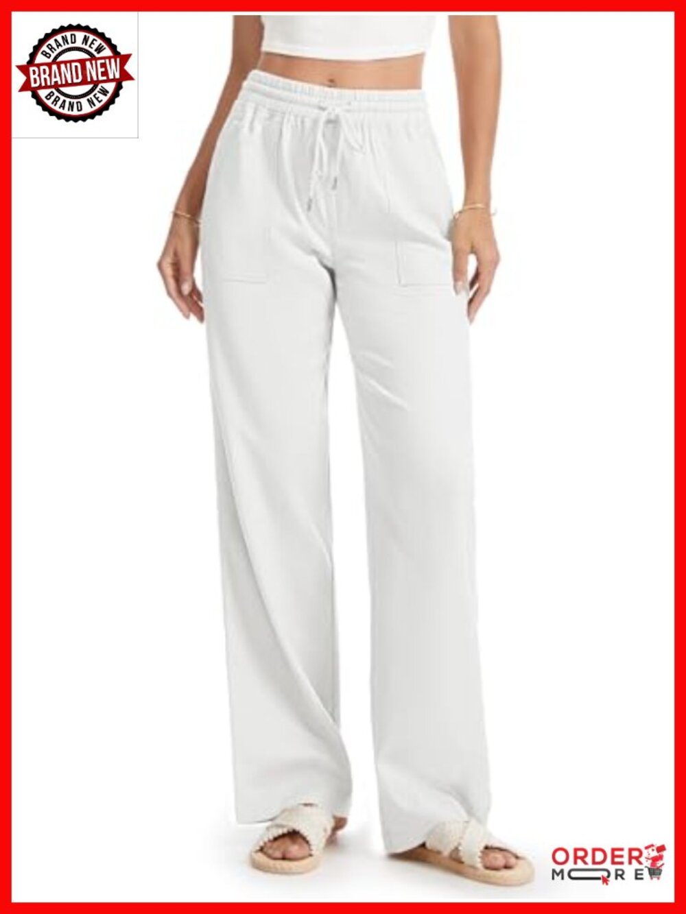 Petite Linen Wide Leg Lounge Pants Drawstring Waist 4 Pockets
